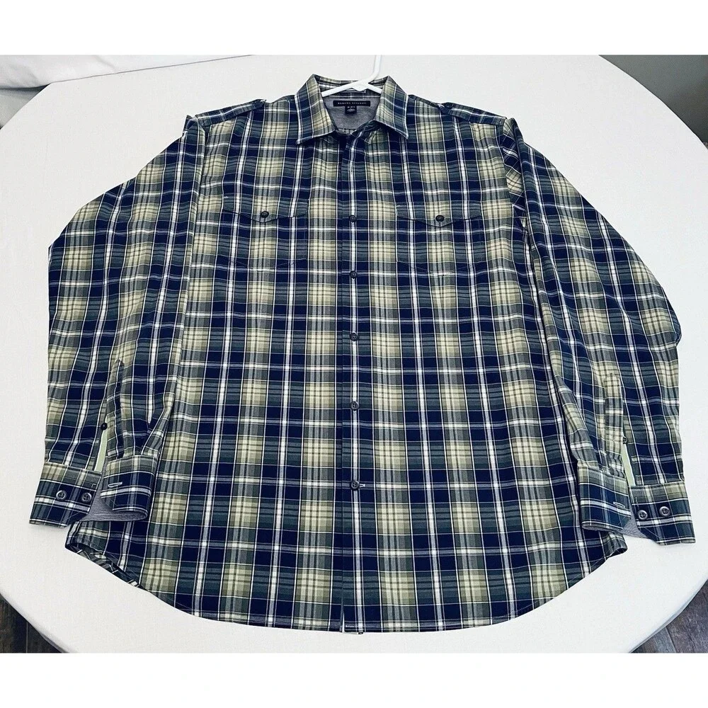 Banana Republic Men's L Long Sleeve Button-Up Blue Green Plaid Stretch 16/16 1/2